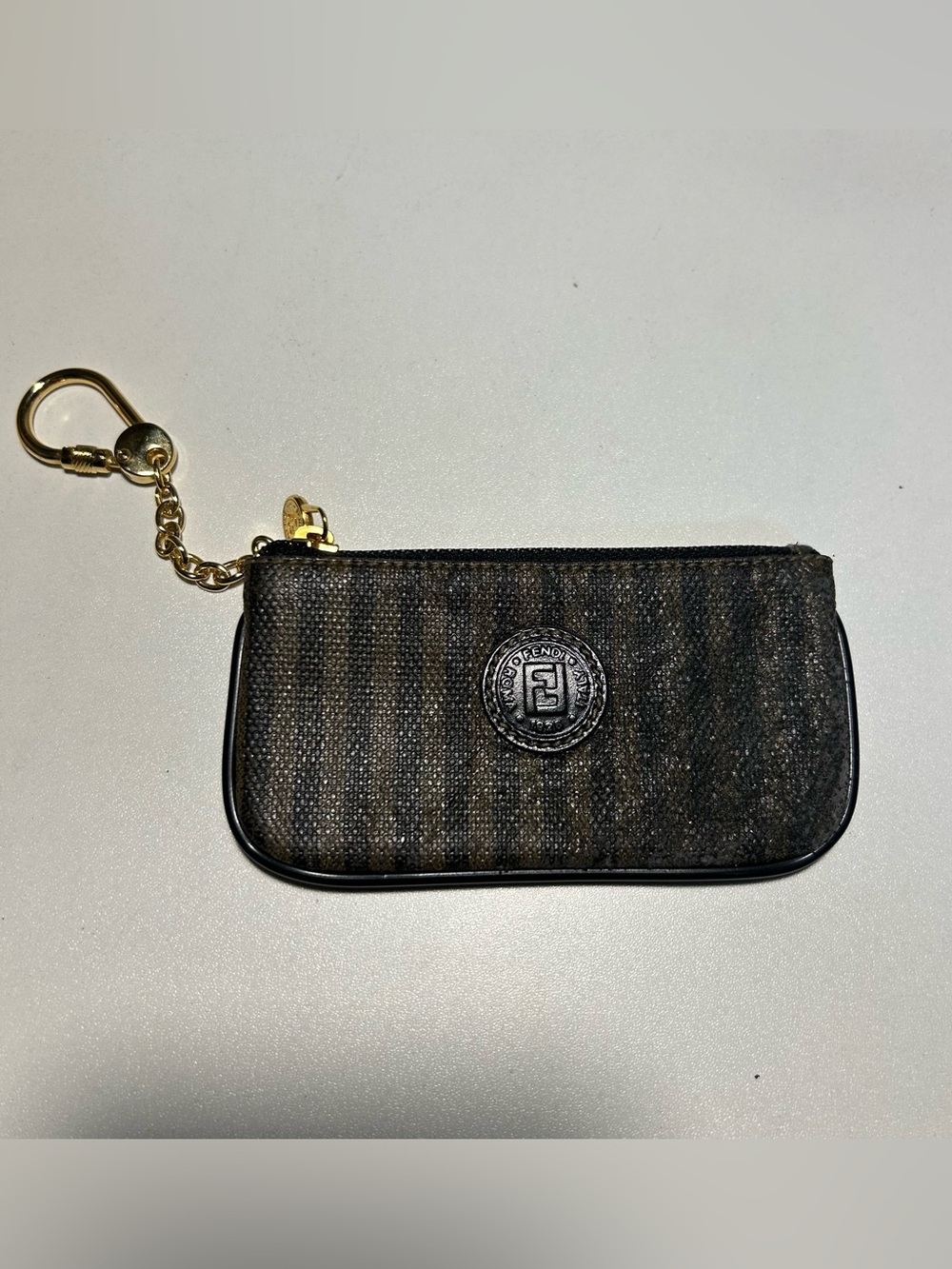 VTG 90’s Fendi Pequin Striped Key Chain Coin Pouch Gold Chain Authentic